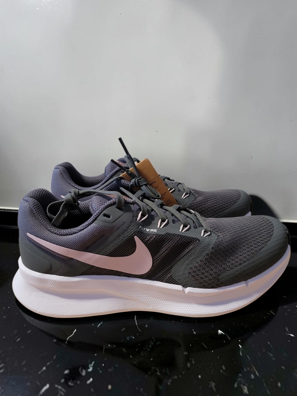 Nike Women's Dark Gray and Light Pink Flywire Running Sneakers